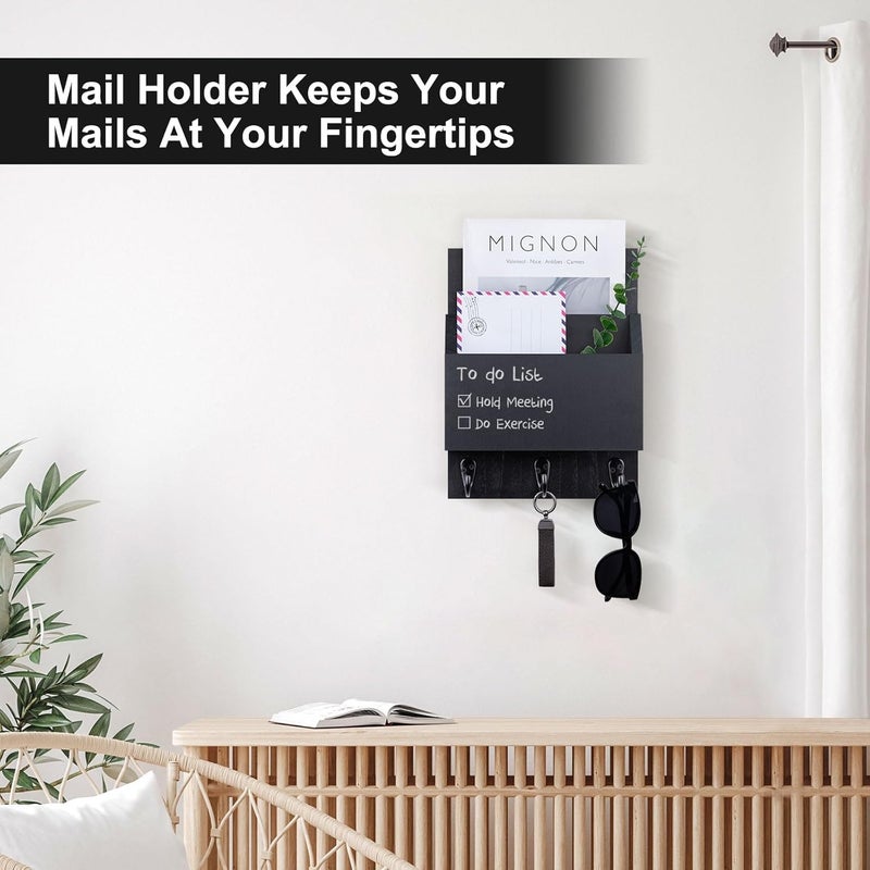 Lucundm Key and Mail Holder for Wall Mount, Entryway Mail Holder with 2 Slot, Key Holder with 3 Sturdy Hooks for Coat, Dog Leash, Decorative Key Rack (8.86”W x 11.42”H x 3”D) (Black) - Image 5